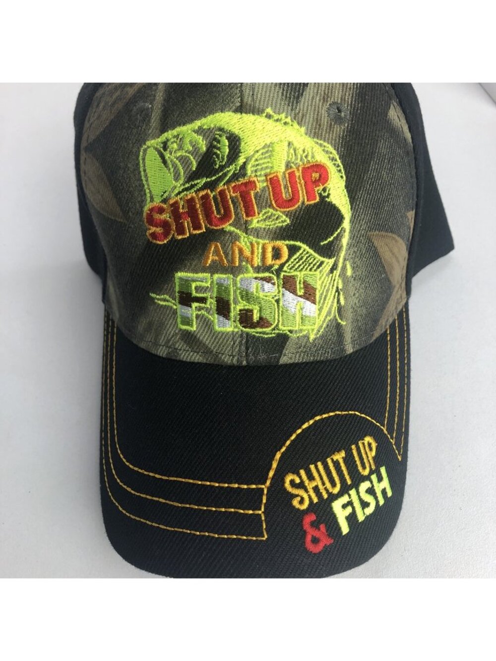 BASS SHUT UP & FISH Adjustable Fishing Ball Cap Hat Great Embroidery Black Camo